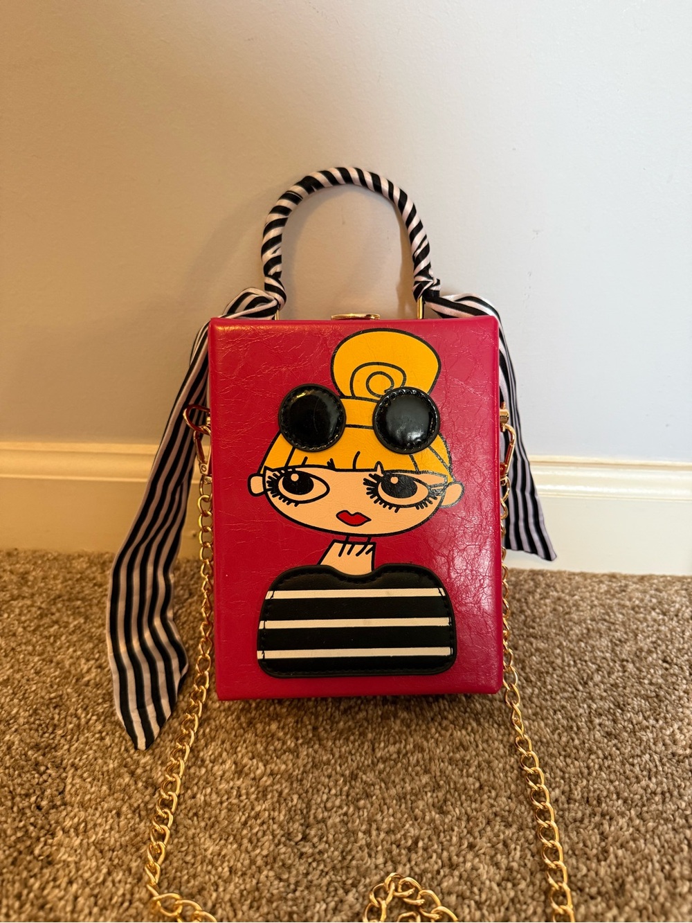 Whimsical Red Cartoon Appliqué Top-Handle Crossbody Bag